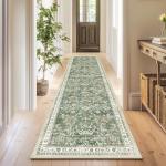 Yamaziot Washable Runner Rug 2x8 – Non Slip Boho Floral Hallway Runner Rug with Rubber Backing, Low Pile Wool Distressed Carpet for Kitchen, Laundry, Bedroom, Entrance, Mottled Green