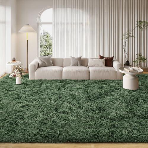 FinRèc 8x10 Feet Green Rug for Living Room Bedroom, Fluffy Fuzzy Shag Rugs, Non-Slip Furry Shaggy Area Rug for Nursery Kids Room Dorm Room Home Decor, Indoor Floor Carpet