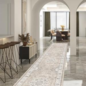 Hallway Washable Runner Rug - 2'6x14 Kitchen Rugs Entryway Rug Runner Vintage Soft Floor Mat Non Slip Indoor Farmhouse Carpet for Bathroom Living Room Bedroom (2'6''x14', Beige)