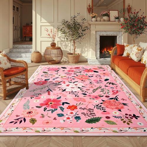 Macgace 5x7 Pink Floral Rug for Living Room, Machine Washable Area Rugs with Non Slip Backingfor Girls Bedroom, Cute Flowers Carpet Kitchen Dining Room Kids Playroom Decor