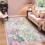 LIVEBOX 5 x 7 Pink Rugs for Bedroom Girls, Soft Patchwork Pink Rug for Living Room, Non-Slip Nursery Rug Girl, Washable Rugs 5x7 Carpet for Playroom