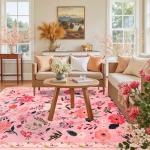 Macgace 5x7 Pink Floral Rug for Living Room, Machine Washable Area Rugs with Non Slip Backingfor Girls Bedroom, Cute Flowers Carpet Kitchen Dining Room Kids Playroom Decor