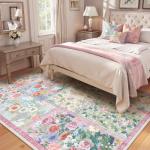 LIVEBOX 5 x 7 Pink Rugs for Bedroom Girls, Soft Patchwork Pink Rug for Living Room, Non-Slip Nursery Rug Girl, Washable Rugs 5x7 Carpet for Playroom