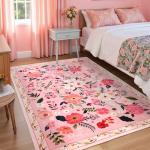 Macgace 5x7 Pink Floral Rug for Living Room, Machine Washable Area Rugs with Non Slip Backingfor Girls Bedroom, Cute Flowers Carpet Kitchen Dining Room Kids Playroom Decor