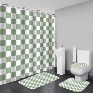 Vostolaiv 4 PCS Checkered Shower Curtain Sets Fun Gingham Bathroom Sets Soft Non Slip Bath Rugs Toilet Cover U-Shaped Mat Retro Bright Waterproof Shower Curtains with 12 Hooks for Tub Toilet, Green