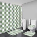 Vostolaiv 4 PCS Checkered Shower Curtain Sets Fun Gingham Bathroom Sets Soft Non Slip Bath Rugs Toilet Cover U-Shaped Mat Retro Bright Waterproof Shower Curtains with 12 Hooks for Tub Toilet, Green