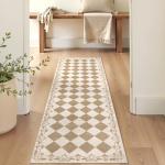 Beeiva Checkered Hallway Rug 2x6 Washable Runners for Kitchen Floor Non Slip Ultra Thin, Gingham Neutral Soft Bathroom Rug 2x6 Beige Diamond Carpet for Laundry Bedroom Entryway Home Deocr