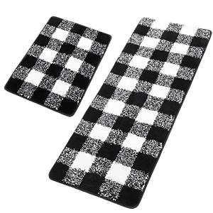 PiccoCasa Microfiber Plaid Pattern Bathroom Rugs, 2 Pcs Extra Soft Fluffy Absorbent Bath Rug, Bath Mats for Bathroom Floor Tub Non Slip 17''x24'' & 17''x47'' Black & White