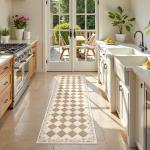 Beeiva Checkered Hallway Rug 2x6 Washable Runners for Kitchen Floor Non Slip Ultra Thin, Gingham Neutral Soft Bathroom Rug 2x6 Beige Diamond Carpet for Laundry Bedroom Entryway Home Deocr