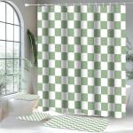Vostolaiv 4 PCS Checkered Shower Curtain Sets Fun Gingham Bathroom Sets Soft Non Slip Bath Rugs Toilet Cover U-Shaped Mat Retro Bright Waterproof Shower Curtains with 12 Hooks for Tub Toilet, Green