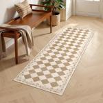 Beeiva Checkered Hallway Rug 2x6 Washable Runners for Kitchen Floor Non Slip Ultra Thin, Gingham Neutral Soft Bathroom Rug 2x6 Beige Diamond Carpet for Laundry Bedroom Entryway Home Deocr