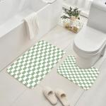 Vostolaiv 4 PCS Checkered Shower Curtain Sets Fun Gingham Bathroom Sets Soft Non Slip Bath Rugs Toilet Cover U-Shaped Mat Retro Bright Waterproof Shower Curtains with 12 Hooks for Tub Toilet, Green