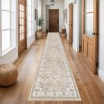 Hallway Washable Runner Rug - 2'6x14 Kitchen Rugs Entryway Rug Runner Vintage Soft Floor Mat Non Slip Indoor Farmhouse Carpet for Bathroom Living Room Bedroom (2'6''x14', Beige)