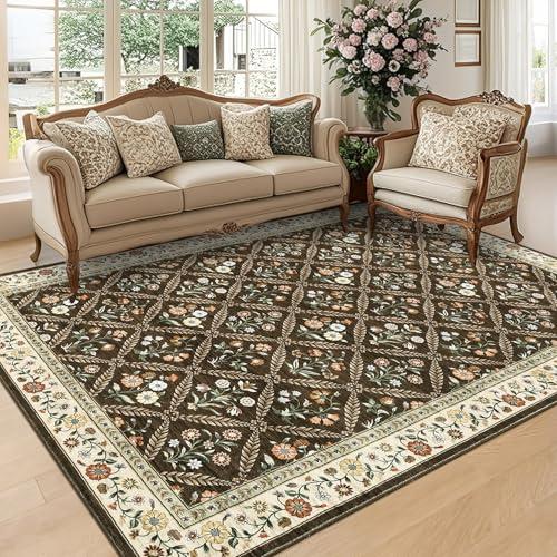 Machine Washable Floral Area Rug 5x7 Brown