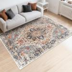 Area Rugs Washable Non-Slip, Floral Vintage Distress Print Pattern Medallion Carpet for Living Room Bedroom Dining Room, Beige Navy Blue Orange Colorful (Blue, 5' x 7')