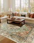RELEANY Area Rugs 7'x9' Washable Non-Slip, Floral Vintage Distress Print Pattern Medallion Carpet for Living Room Bedroom Dining Room, Brick Red Rust Neutral Brown Burnt Orange Green