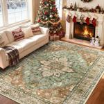 RELEANY Area Rugs 7'x9' Washable Non-Slip, Floral Vintage Distress Print Pattern Medallion Carpet for Living Room Bedroom Dining Room, Brick Red Rust Neutral Brown Burnt Orange Green