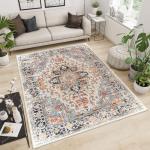 Area Rugs Washable Non-Slip, Floral Vintage Distress Print Pattern Medallion Carpet for Living Room Bedroom Dining Room, Beige Navy Blue Orange Colorful (Blue, 5' x 7')