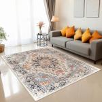 Area Rugs Washable Non-Slip, Floral Vintage Distress Print Pattern Medallion Carpet for Living Room Bedroom Dining Room, Beige Navy Blue Orange Colorful (Blue, 5' x 7')