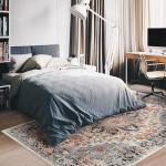 Area Rugs Washable Non-Slip, Floral Vintage Distress Print Pattern Medallion Carpet for Living Room Bedroom Dining Room, Beige Navy Blue Orange Colorful (Blue, 5' x 7')