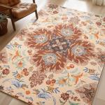 Phantoscope Washable Area Rug 5'x7' Non-Slip, Vintage Boho Rugs for Living Room, Bedroom, Dining Room, Fall Orange Floral Medallion Pattern, Low-Pile Foldable Floor Carpet, Rust/Multi Floral