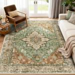 RELEANY Vacuum-Friendly Area Rugs 5'x7' Machine Washable, Non-Slip, Floral Vintage Distress Print Pattern Medallion Carpet for Living Room Bedroom Brick Red Rust Neutral Brown Burnt Orange Green