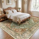 RELEANY Vacuum-Friendly Area Rugs 8'x10' Machine Washable, Non-Slip, Floral Vintage Distress Print Pattern Medallion Carpet for Living Room Bedroom Brick Red Rust Neutral Brown Burnt Orange Green