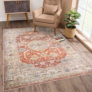 Bloom Rugs Caria Washable Non-Slip 5x7 Rug - Orange/Olive Beige Traditional Area Rug for Living Room, Bedroom, Dining Room, and Kitchen - Exact Size: 5' x 7'