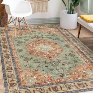 Washable Boho Area Rug Red Rust Green Large Living Room 3'×5' Rug Non-Slip Soft Oriental Vintage Bedroom Carpet Dining Room Nursery Home Office Indoor Decor