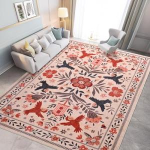 Blivonta Machine Washable 5x7 Area Rugs - Non Slip Boho Vintage Carpet for Living Room, Bedroom & Kitchen (Orange)