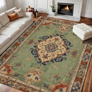 8x10 Area Rugs for Bedroom Boho Washable Rug for Living Room Floral Vintage Distress Print Medallion Brick Red Rust Neutral Motifs Soft Rubber Backed Non-Slip Carpet for Dining Room Office