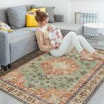 Washable Boho Area Rug Red Rust Green Large Living Room 3'×5' Rug Non-Slip Soft Oriental Vintage Bedroom Carpet Dining Room Nursery Home Office Indoor Decor