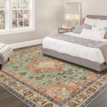 Washable Boho Area Rug Red Rust Green Large Living Room 3'×5' Rug Non-Slip Soft Oriental Vintage Bedroom Carpet Dining Room Nursery Home Office Indoor Decor