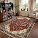 Macgace 5x7 Orange Red Area Rug for Living Room, Machine Washable Rugs with Non-Slip Backing for Bedroom, Vintage Medallion Carpet Dining Room Office Kids Room Decor