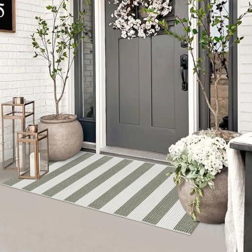 Sungea Boho Striped Front Door Mat Outside Entrance 2x4.3,Green and White Washable Porch Rug Runner,Cotton Hand Woven Indoor Outdoor Rugs,Foldable Farmhouse Layered Door Mats for Entryway