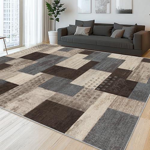 QDUIDU Modern Geometric Patchwork Indoor Area Rug for Living Room, Blue-Taupe 5'x 7' Large Rug Rockwood Collection Hardwood Floors Decor for Bedroom, Blue Throw Carpet for Office Entryway Dining Room