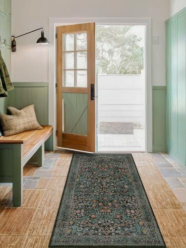 Dark Green Washable 3x6 Large Entryway Runner Rug Indoor, Non-Slip Floor Rugs for Kitchen, Bedroom, Bathroom Beside Bed, Stain & Fade Resistant, Vintage Floral Design