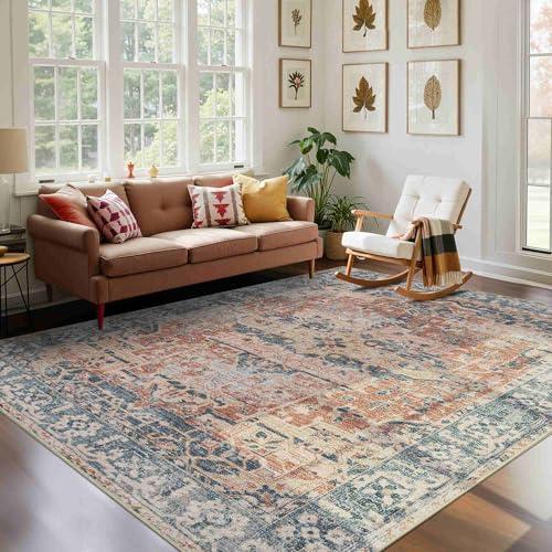 Rugxara Orange 5x7 Area Rugs for Living Room Bedroom, Washable Rug, Coral Vintage Retro Boho Rug, Non Slip & Low Pile Carpet for Indoor Dining Room, Kids Room, Nursery Room(Coral Blue 5x7ft)