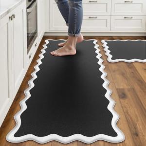 Arenarug Scalloped Black White Kitchen Mats Rugs Sets of 2 Cushioned Anti Fatigue Floor Mat Waterproof Kitchen Rugs Non Slip Foam Comfort Standing Mat for Sink Laundry