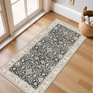 Kitchen Mats Vintage Throw Carpet 2x4 Black Beige - Non-Slip Stain and Water Resistant Soft Low-Pile Thin Rug for Hallway Bathroom Bedroom