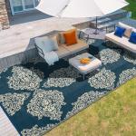 wikiwiki Outdoor Rug, 5x8ft Waterproof Reversible Mat Indoor Outdoor Rugs Carpet, Small Area Rug Plastic Straw Rug for Patio Deck Balcony Pool RV Camping Beach Picnic, Blue & Beige, Rugscape Series