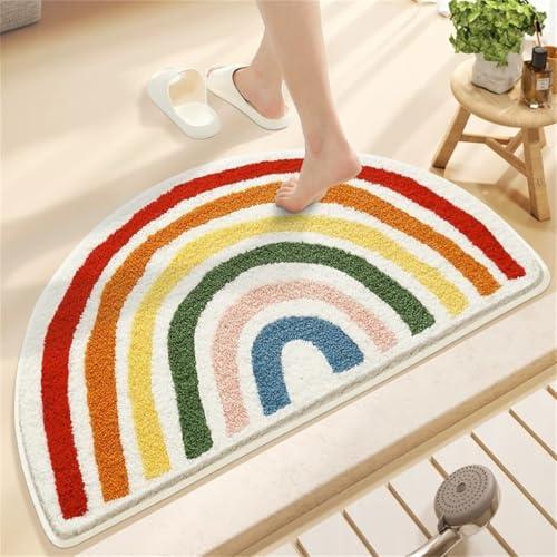 Ankah Rainbow Bath Rug, Striped Half-Moon Shaped Colorful Boho Flocking Bathroom Mat, Soft Fiber, High Absorbent, Anti-Slip, Durability, Machine Wash, Great for Home, 15.8" x 23.6", Semicircular