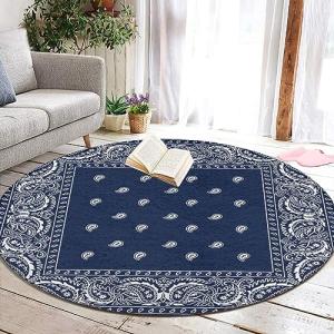 Supdreamc Luxurious 36" Diameter Round Area Rug - Paisley Navy Blue Pattern Non Slip Kitchen Rug Abstract Decor for Living Room, Home, Bedroom, Absorbent Memory Foam Standing Mat