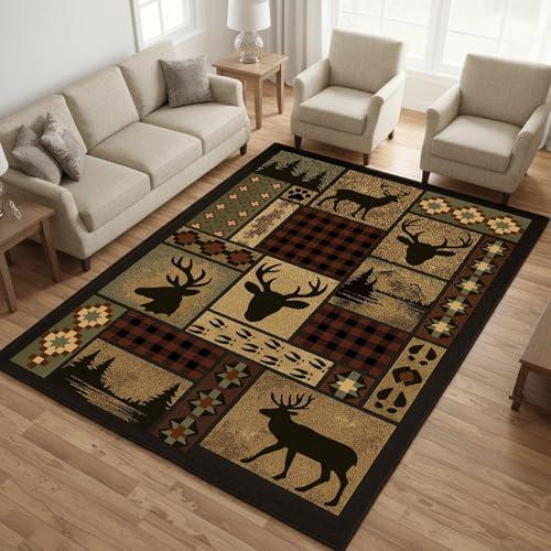 CASAVAINE Rustic Lodge Patchwork Area Rug 3x5, Deer Wildlife Cabin Design with Buffalo Plaid, Southwestern Native Inspired Patterns, Non-Slip Stain Resistant Rug for Living Room, Bedroom, Lodge Decor