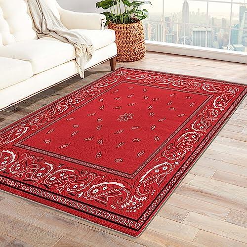 ZDABAOEC Red Bandana Rug, 4x5 Rug, Paisley Area Rugs for Bedroom Living Room Entryway, Patterned Large Rug & Washable Non Slip Indoor Floor Carpet & Home Decor, Red Bandana Bedroom Set