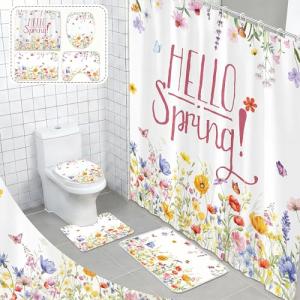 Spring Flowers Shower Curtain Set with Non-Slip Mats