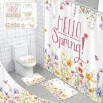 Spring Flowers Shower Curtain Set with Non-Slip Mats