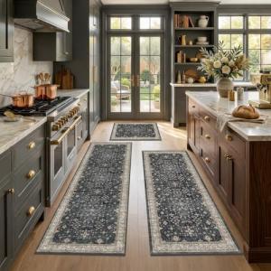 Black Non-Slip Kitchen Rugs Set of 3