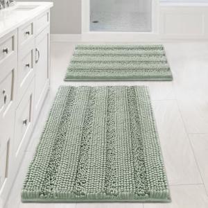 H.VERSAILTEX Sage Bathroom Rugs, Bath Mat Set of 2 Extra Thick Chenille Striped Pattern Shaggy Bath Rugs for Bath Room, Non Skid Bath Mats for Bathroom Floor (32 x 20 Plus 24 x 17 - Inches)