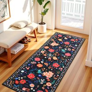 Floral Black Boho 2x6 Runner Rug, Washable